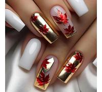 24 Pcs Mediums Square Full Covers Stick On Nails Fall False Nails Press On Nails Leaf Artificial Nails For Winter