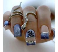 24 Pcs Mediums Square Stick On Nails Glittering Full Covers False Blue Press On Manicures Supplies For Woman