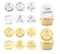 24 Pcs Merry Christmas Acrylic Cupcake Toppers Acrylic Mirror Disc Xmas Cupcake Decorations for Christmas New year Party Supplies (Gold & Silver)