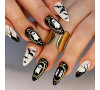 24 PCS Metallic Gold Chrome Press on Nails - Pointed Almond Shape Ghost White Deep Black Red Accent - Halloween Ghost Gold Frame Art Dark Glamorous Halloween for Women