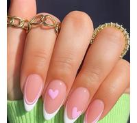 24 PCS Milky Sheer Base Press on Nails - Long Almond Shape Petal Nude Pink Sweet Classic Love White Tip - Minimalist Heart Design Romantic Blush Aesthetic for Women