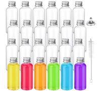 24 Pcs Mini Plastic Juice Bottles 60ml With Lids, Clear Reusable Miniature Container With Mini Funnels and Brush for Ginger, Essential Oil, Alcohol - Refillable Empty Shot