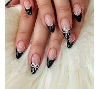 24 PCS Nude Pink Base Press On Nails - Medium Long Almond Shape False Nails Black Edge & Pink Bow Details Design for Women Minimalist Chic Elegant Nature Daily Events