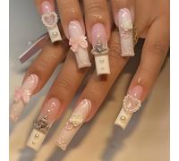 24 PCS Nude Pink Gradient Base Press On Nails - Milky White Accents Pink Bow Decals - Extra Long Square Nails for Women Crystal Crown Charms for Princess Luxury Art