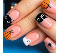 24 PCS Nude Pink Press-On Nails - Short Square Shape Ghost White Midnight Black Spooky Cat - Pumpkin Patch Chic Halloween Horror Glam Creepy-Cute Style for Women Festival Thanksgiving