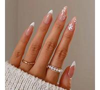 24 Pcs Oval Short False Nails with Snake and Star Pattern,Black French,Fake Nails Short,Almond Medium for Women,Nails Fake Nail for Nails Art white French&flower