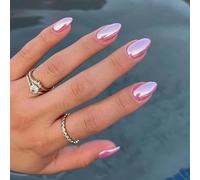 24 Pcs Oval Short False Nails with Snake and Star Pattern,Black French,Fake Nails Short,Almond Medium for Women,Nails Fake Nail for Nails Art 11pink&chrome10