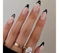 24 Pcs Oval Short False Nails with Snake and Star Pattern,Black French,Fake Nails Short,Almond Medium for Women,Nails Fake Nail for Nails Art 19black&pearl1