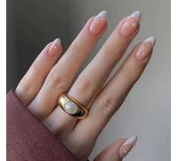 24 Pcs Oval Short False Nails with Snake and Star Pattern,Black French,Fake Nails Short,Almond Medium for Women,Nails Fake Nail for Nails Art White&Pearls 1