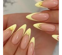 24 PCS Pale Lemon Press-On Nails - Almond Shape Glossy Beige Golden Star Ocean Star - Elegance Sea Accent Ivory Coast Chic Season Beach Vibes French Glam for Women Festival Thanksgiving