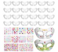 24 Pcs Paper Mache Half Face Craft Forms with Gem Stickers, Blank White Decoration Set, Self Adhesive Jewel Stickers for Art Projects, Party Cosplay