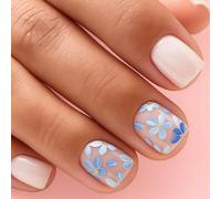 24 PCS Pastel Blue Mix Press on Nails - Short Square Milky Nude White Blue Petal Golden Dot Detail - Soft Nude Glossy Finish Romantic Garden Floral Art Look for Women
