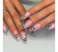24 PCS Pastel Pink Press On Nails - Long Almond Shape with Exotic Floral Accents & Leopard Pattern French Tips Modern Chic Creative Fusion Minimalist Look for Women Festival Thanksgiving