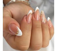 24 PCS Pearl White French Tip Press On Nails - Almond Shape Nude with Gold Foil Detailing - Marble Accent Modern Manicure Artistic Creative Metallic Touch for Women Festival Thanksgiving