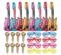 24 Pcs Photo Booth Props, Photobooth Party Props - Include 8 Inflatable Guitar, 8 Blow Up Microphone, 8 Colored Glasses, Inflatable Party Props for Kids Adult Fancy Dress Birthday Parties