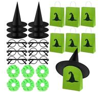 24 Pcs Pink and Green Party Favors Include 6 Black Wizard Hats 6 Green Goodie Bags 6 Black Round Frame Glasses 6 Scrunchies Witch Party Favors for Princess Witch Birthday Holiday Event Gift Supplies