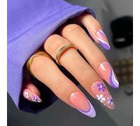 24 PCS Pink False nails with Flowers French Matte False Nails Almond Pointed Fake Nails with Flower and Wavy striped Design Fake Nails Full Cover Stick on Nails Give to Women & Girls Holiday Gifts