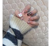 24-PCS Pink Kitty Press on Nails Y2K Long Coffin Cute Kawaii 3D Cartoon False Nails with Flame and Rhinestone Design Trapezoid Fake Nails Glossy False Nails Full Cover Acrylic Nails for Women & Girls