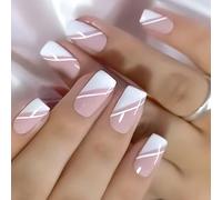 24 Pcs Pinks White False Nails Glossy Press On Lines Full Covers Stick On Simple Acrylic Artificial