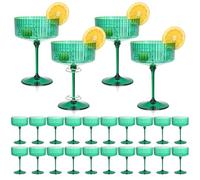 24 PCS Plastic Champagne Coupe Cup 10oz Detachable Gold Rim Martini Glass Green Ribbed Coupe Glasses Vintage Margarita Glassware Disposable Cocktail Glasses with Stem for Valentine's Day Christmas