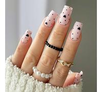 24 Pcs Polkas Dots Artificial Nails Short Full Covers False Elegant Stick On Black Heart Press On