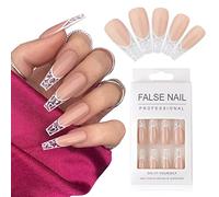 24 Pcs Press on Nails Long, Nude French Sweetheart Coffin Fake Nails, Glossy Glue on Nails, False Nails With Nail Glue Nail Adhesive Tabs For Women and Girl Valentines Nail Art Decoration HJ-T09-04…