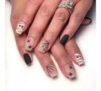 24 PCS Press on Nails Short Sqare Fake Nails Matte Cute Bandage Monster Black Spider Web Press on Nails Full Cover Acrylic Glue on Nail Reusable Halloween Stick on Nails for Women DIY Manicure