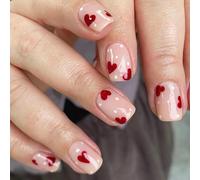 24 Pcs Press on Nails Short Square, False Nails Red Hearts and White Wave Point Designs, Red Love Heart Acrylic Nails, Tips Full Cover Nails, Daily Use Reusable for Girl Women Nail Decoration