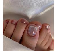 24 Pcs Press on Toenails Short Square Silver Fake Toe Nail press ons Full Cover Acrylic False Toe Nails with Cute Glitter Design Glue on Nails for Women (Design V9)