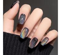 24 PCS Prism Rainbow Press On Nails - Short Square Cosmic Black Starlight Silver Glitter - for Women Fingertips Glossy Finish Party Glam Creative Artistic Nail Art