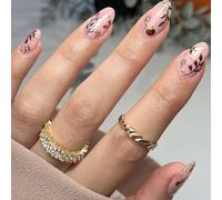 24 PCS Pumpkin Leaves Press On Nails Short Almond Shape - Autumn-Inspired False Nails with Elegant Pink Base, Gold Foil & Shimmer Accents, Trendy Nature Motifs Good for Autumn Occasions