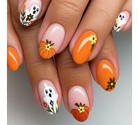24 PCS Pumpkin Orange Press-On Nails - Almond Shape Nude Beige Cute Ghost Flower Olive Green Leaves Accent - Autumn Harvest Chic Halloween Cozy Nails for Women Festival Thanksgiving