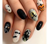 24 PCS Pumpkin Orange Press on Nails - Oval Short Almond Foggy Gray Witch Hat Black - Halloween Haunted House Mixed Graphic Nail Art Spooky Cartoon Theme for Women