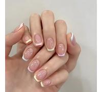 24 Pcs Rainbow Clean Jelly French-Tip Press-On Nails Kit - Short Square Full-Cover False Nails, 12 Sizes Custom Fit, Glue Included, Reusable Manicure Set
