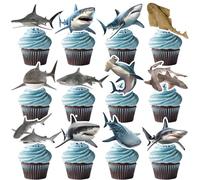24 PCS Realistic Shark Cupcake Toppers, Shark Cupcake Cake Decorations Ocean Animals Shark Birthday Party Decorations Supplies for Kids Boys Girls Baby Shower