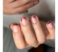 24 Pcs Red French Tip Full Covers False Nails Flowers Press On Short Square Stick On Acrylic For Daily