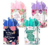 24 Pcs Religious Gift Bags Bible Gift Paper Bags with 24 Tissues Bible Verse Paper Bags with Handles Inspirational Flower Christian Gift Bags Bulk for Women Birthday Wedding Baptism Spring Party Favor