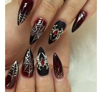 24 Pcs Reusable Almond Press on Nails Halloween Fake Nails Medium False Nails with Spider Web & 3D Spider Design Stiletto Nails Goth Nails Press ons Full Cover Stick on Nails for Women Handmade Nails
