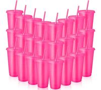 24 Pcs Reusable Cups with Lids and Straws 24 oz Glitter Iced Coffee Tumbler Plastic Travel Mug Cup for Smoothie Juices Birthday Sleepover Party Supplies (Hot Pink)