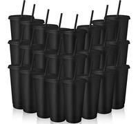24 Pcs Reusable Cups with Lids and Straws 24 oz Glitter Iced Coffee Tumbler Plastic Travel Mug Cup for Smoothie Juices Birthday Sleepover Party Supplies (Black)