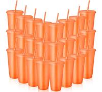 24 Pcs Reusable Cups with Lids and Straws 24 oz Glitter Iced Coffee Tumbler Plastic Travel Mug Cup for Smoothie Juices Birthday Sleepover Party Supplies (Orange)