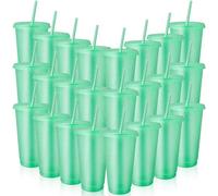 24 Pcs Reusable Cups with Lids and Straws 24 oz Glitter Iced Coffee Tumbler Plastic Travel Mug Cup for Smoothie Juices Birthday Sleepover Party Supplies (Light Green)