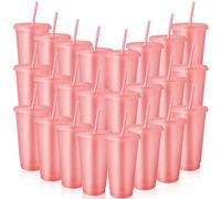 24 Pcs Reusable Cups with Lids and Straws 24 oz Glitter Iced Coffee Tumbler Plastic Travel Mug Cup for Smoothie Juices Birthday Sleepover Party Supplies (Light Pink)
