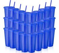 24 Pcs Reusable Cups with Lids and Straws 24 oz Glitter Iced Coffee Tumbler Plastic Travel Mug Cup for Smoothie Juices Birthday Sleepover Party Supplies (Blue)