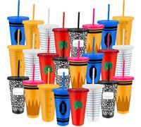 24 Pcs Reusable Plastic Tumbler 710 ml Plastic Cups with Lid and Straw Party Favors Water Bottle Coffee Mug for Party Supplies Birthday Themed Favor Classroom Exchange Gifts - Stationery Patterns