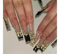 24 Pcs Rhinestones False Nails Black French Tip Press On Nails Long Coffin Stick On Nails Glittering Artificial Nails