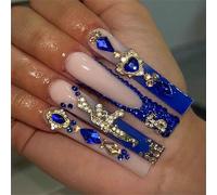 24 Pcs Rhinestones False Nails French Tip Press On Nails Long Coffin Stick On Nails Glittering Artificial Nails