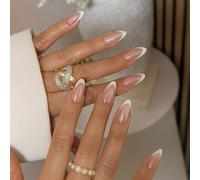 24 PCS Rosé Nude Base Press On Nails - with Long Medium Shape Snow White French Tip Crystal Gloss Fake Nails - for Women Minimalist Chic Art Romantic Elegant Style