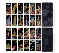 24 Pcs Scratch Art for Adults,Foil Paper for World Famous City Landmarks Magic Rainbow,Paint for Children's Painting Sketch,Engraving Craft Kit,DIY Series Night View,Kids Landscape,Landmark Building