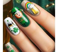 24 Pcs Shamrocks Full Covers Stick on Nails Festival False Nails Glossy Press On Nails Green Acrylic Nails